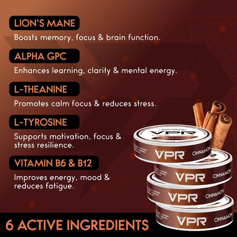 VPR 75MG Caffeine Nootropic Pouches | 20 Pouches per Can Energy Pouches with Lion'S Mane, Alpha-Gpc, Vitamin B6 & B12, L-Theanine, and L-Tyrosine | Naturally Flavored Focus Pouches with No Sugar