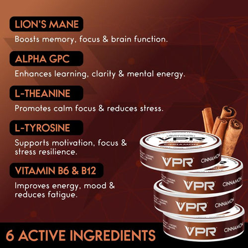 VPR 75MG Caffeine Nootropic Pouches | 20 Pouches per Can Energy Pouches with Lion'S Mane, Alpha-Gpc, Vitamin B6 & B12, L-Theanine, and L-Tyrosine | Naturally Flavored Focus Pouches with No Sugar