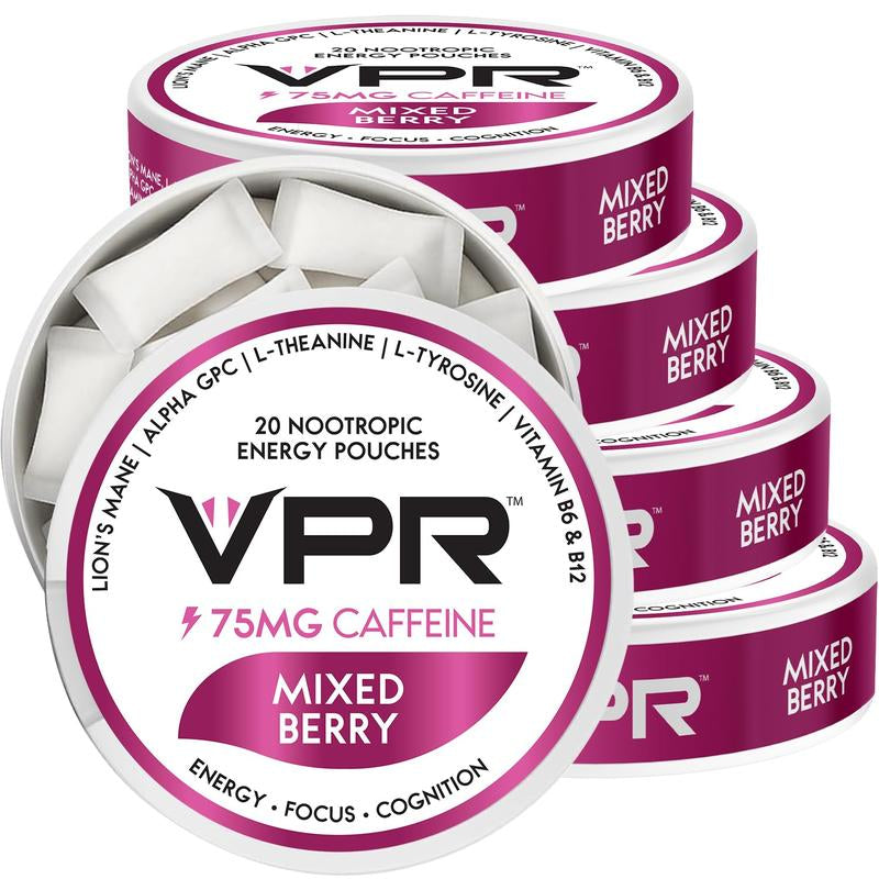 VPR 75MG Caffeine Nootropic Pouches | 20 Pouches per Can Energy Pouches with Lion'S Mane, Alpha-Gpc, Vitamin B6 & B12, L-Theanine, and L-Tyrosine | Naturally Flavored Focus Pouches with No Sugar