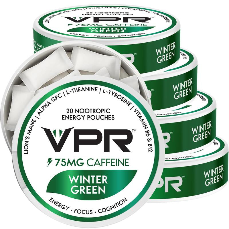 VPR 75MG Caffeine Nootropic Pouches | 20 Pouches per Can Energy Pouches with Lion'S Mane, Alpha-Gpc, Vitamin B6 & B12, L-Theanine, and L-Tyrosine | Naturally Flavored Focus Pouches with No Sugar