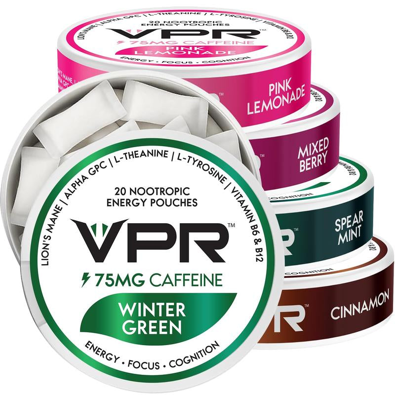 VPR 75MG Caffeine Nootropic Pouches | 20 Pouches per Can Energy Pouches with Lion'S Mane, Alpha-Gpc, Vitamin B6 & B12, L-Theanine, and L-Tyrosine | Naturally Flavored Focus Pouches with No Sugar