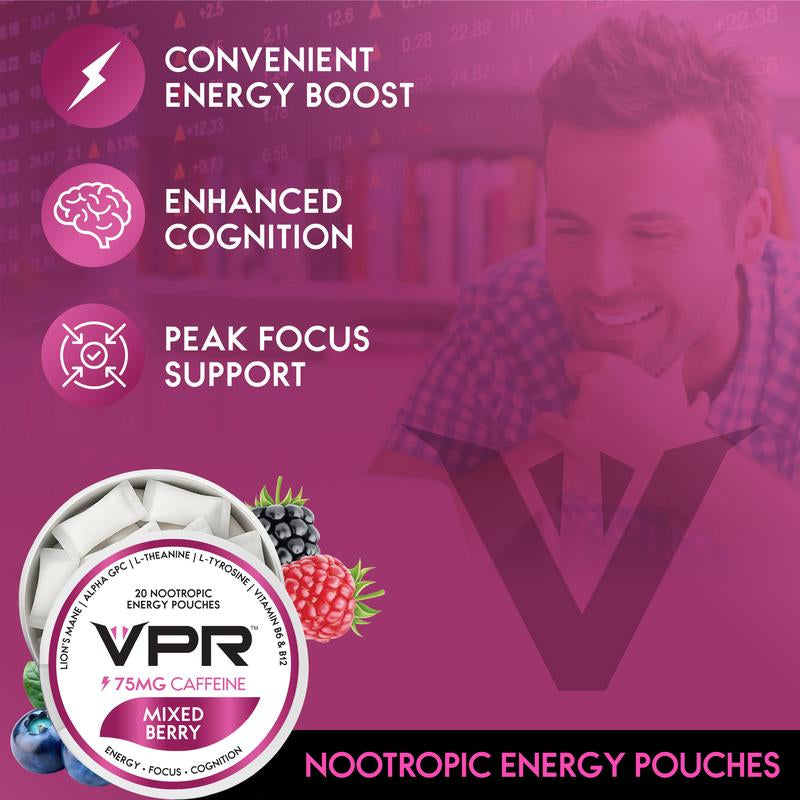 VPR 75MG Caffeine Nootropic Pouches | 20 Pouches per Can Energy Pouches with Lion'S Mane, Alpha-Gpc, Vitamin B6 & B12, L-Theanine, and L-Tyrosine | Naturally Flavored Focus Pouches with No Sugar