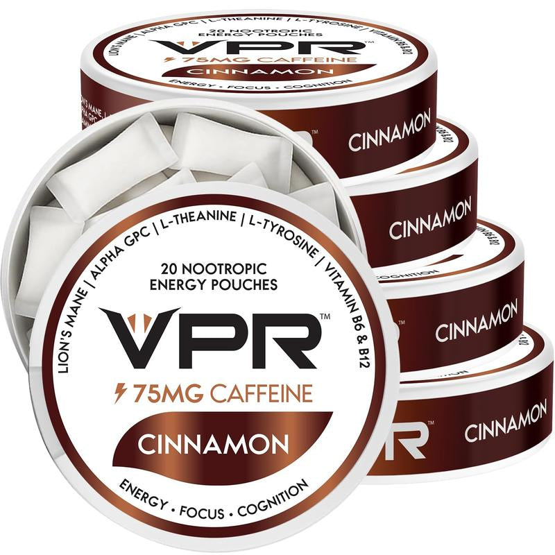 VPR 75MG Caffeine Nootropic Pouches | 20 Pouches per Can Energy Pouches with Lion'S Mane, Alpha-Gpc, Vitamin B6 & B12, L-Theanine, and L-Tyrosine | Naturally Flavored Focus Pouches with No Sugar